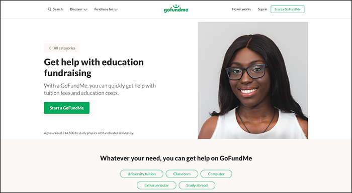 A screenshot of GoFundMe's website, on which you can host online school fundraisers.